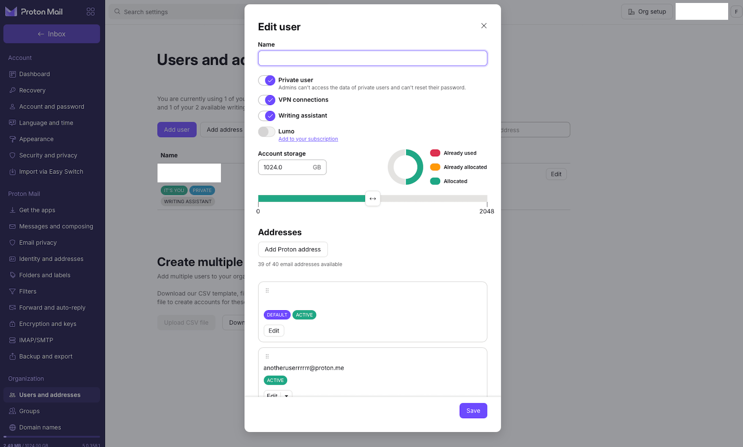 Setting storage and features per user in Proton Business