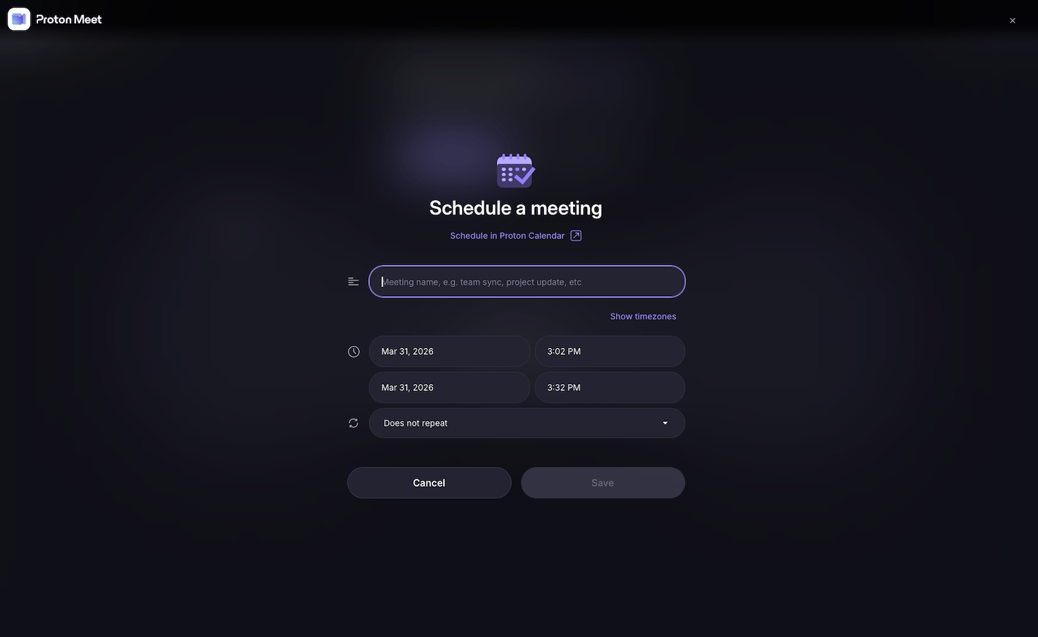 Scheduling a meeting in Proton Meet