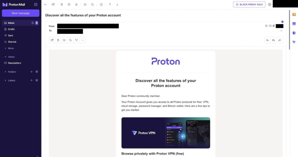 Opening an email in ProtonMail